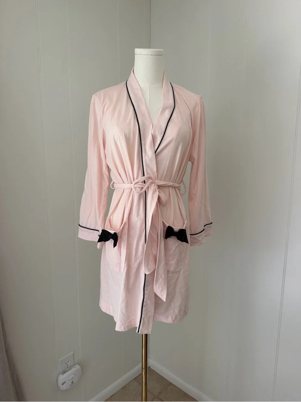 kate spade Light Pink Short Robe with Black Trim and Bow Accents